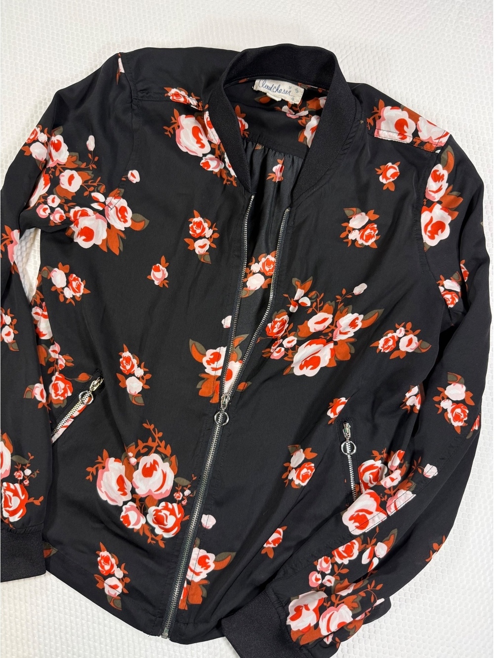 Cloud Chaser Women’s Small Floral Bomber Jacket Black Rose Zip Coquette